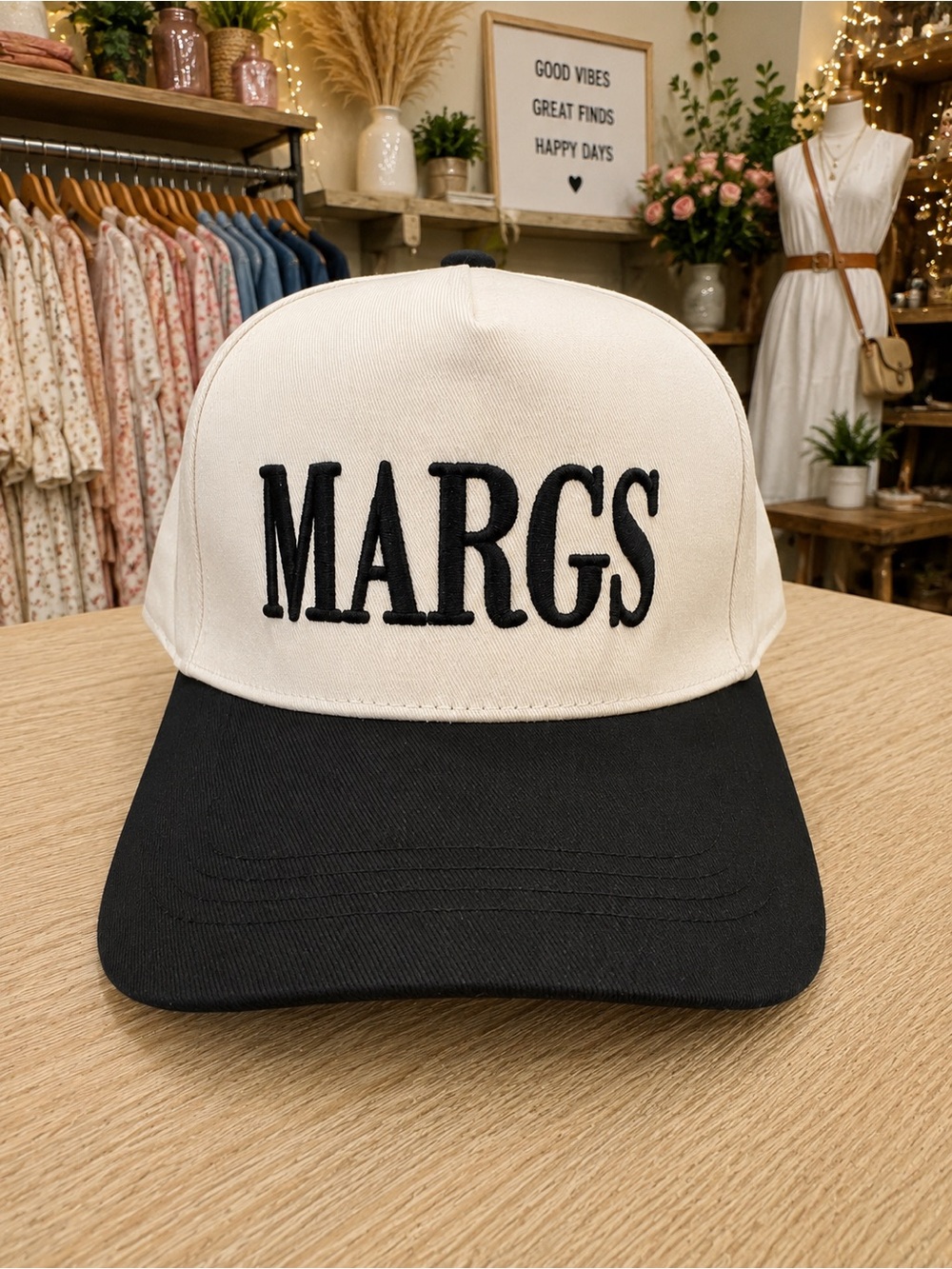 Boutique MARGS Adjustable Baseball Cap Black & Cream Margarita Hat NWT